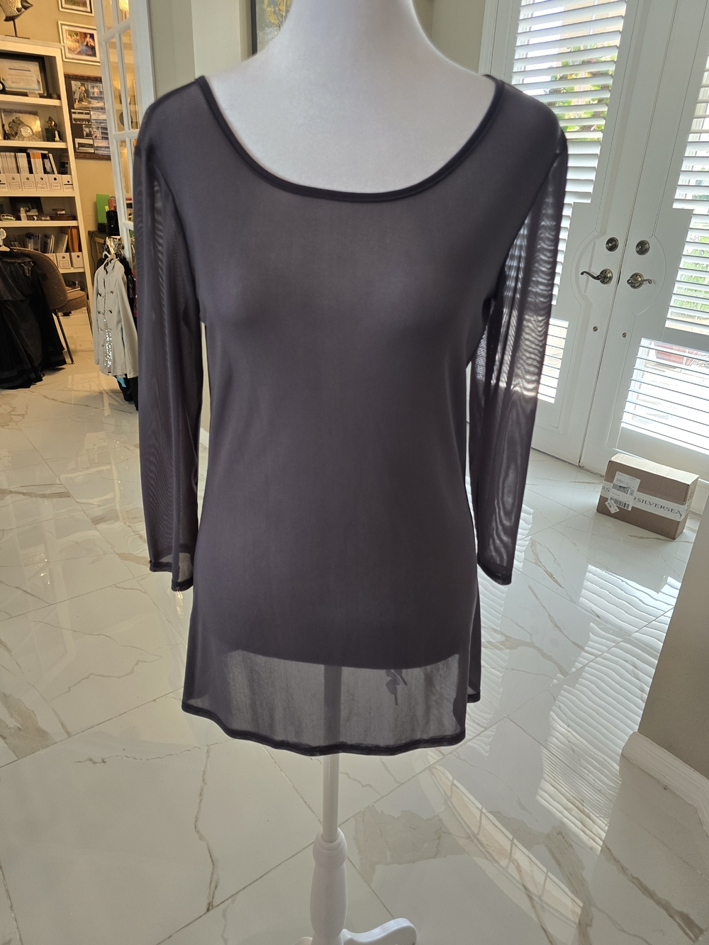 Women's Sheer Long-Sleeve Scoop Neck Top - Black